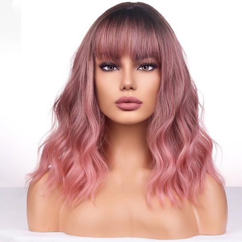 WTHCOS Short Ombre Wig to Curly Wavy with Bangs Bob Wigs Heat Resistant Synthetic Black Ombre Pink