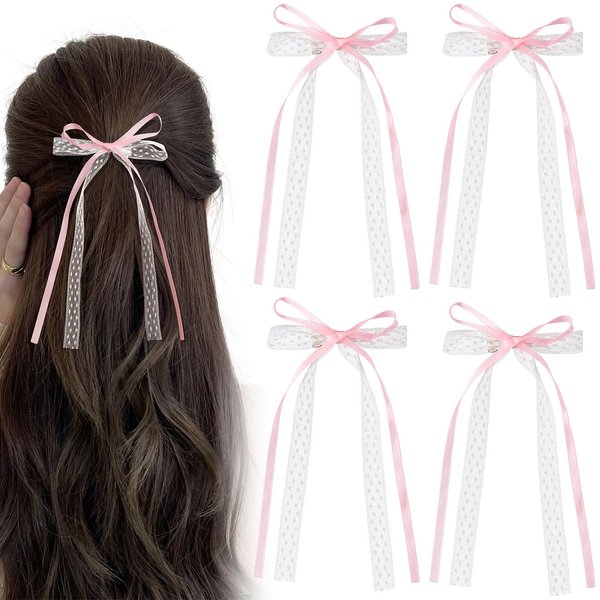 CustomyLife 4pcs Pink Lace Hair Bow Clips Pink White Coquette Snap Barrettes with Long Ribbons Cute Wedding Prom Birthday Halloween Christmas Decorative Accessories for Women Rapunzel