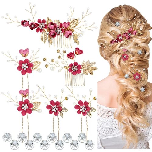 Cinaci 18 Pieces Bridal Wedding Party Prom Pearl Rhinestone Rose Red Flower Hair Side Combs Slides+U-shaped Flower Hair Pins+Twist Spiral Hairpins Floral Headpieces for Brides Bridesmaids Women Girls