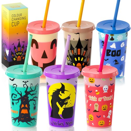 OOINQQ Halloween Color Changing Cups for Kids - 6pcs 12Oz Plastic Tumbler with Lid and Straw in 6 Colors for Coffee Tea Cold Drinks Halloween Party Favors Supplies
