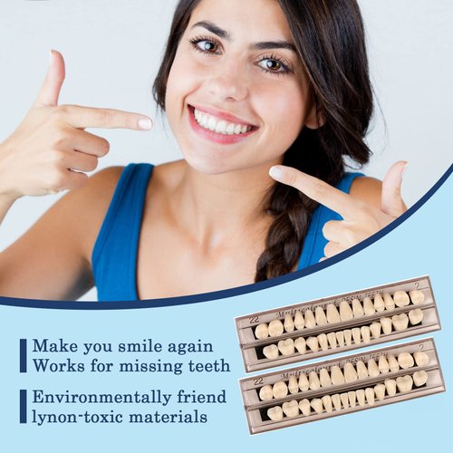 56 Pieces False Teeth, 2 Sets Whole Teeth Synthetic Polymer Denture Teeth, 22 Shade A2 Upper + Lower Dental Materials for Replacement, DIY, or Halloween