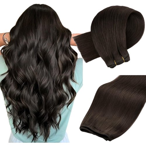 MAXITA Weft Hair Extensions Human Hair 16 Inch Sew in Real Hair Extensions Human Hair Weft Bundles Dark Brown Remy Human Hair Extensions Sew in Double Weft 100grams
