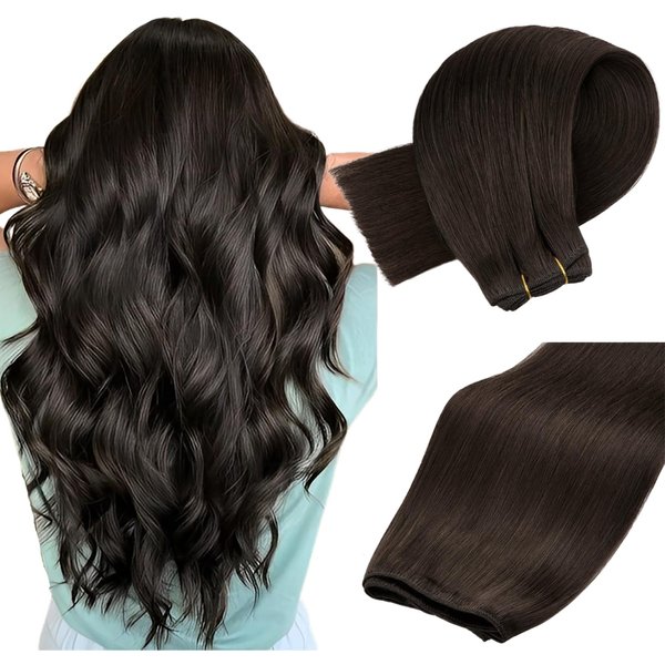 MAXITA Weft Hair Extensions Human Hair 16 Inch Sew in Real Hair Extensions Human Hair Weft Bundles Dark Brown Remy Human Hair Extensions Sew in Double Weft 100grams