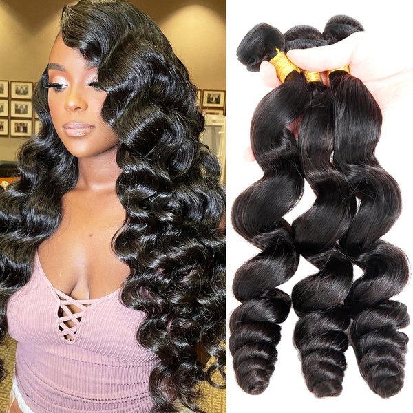 BEAUFOX Loose Wave Bundles Human Hair 16 18 20 Inch 100% Unprocessed Brazilian Virgin Raw Hair Weave 3 Bundles Hair Extensions Natural Color for Black Women