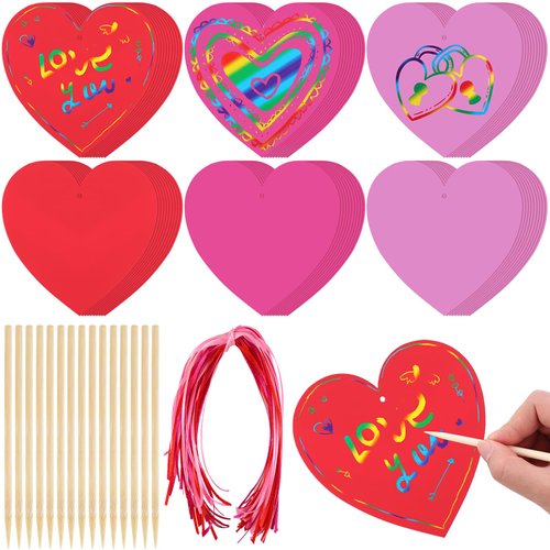 Liliful 60 Pcs Valentine&#39;s Day Crafts Valentines Heart Scratch Paper Ornaments Scratch Craft Art ...