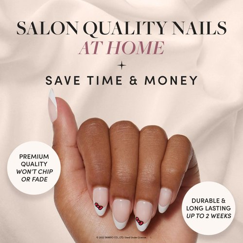 Glamnetic x Hello Kitty® and Friends Press On Nails - Hello Kitty® White | Classic French Tip Short Almond Bow Graphic Nails in a Glossy Finish | 15 Sizes - 30 Nail Kit with Glue