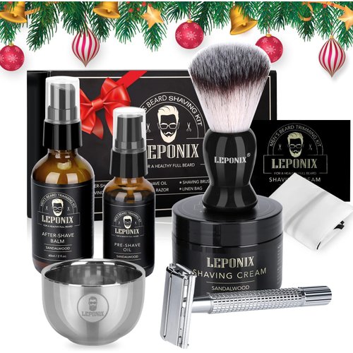 Shaving Kit for Men, Include Safety Razor, Sandalwood Shaving Cream, Mens Aftershave, Pre Shave Oil, Shaving Brush and Bowl, Shaving Apron Bib -Unique Gifts for Men Him Stocking Stuffers