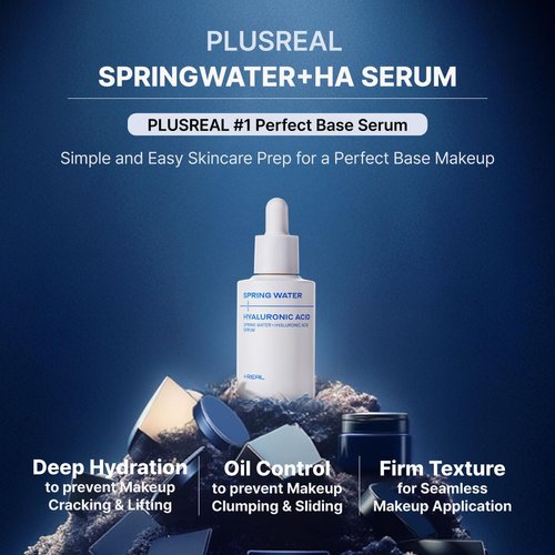 PLUSREAL Spring Water + Hyaluronic Acid Serum, 1.01 fl.oz.｜Lightweight Deep Hydrating Face Serum to Prevent Cracky, Cakey Makeup
