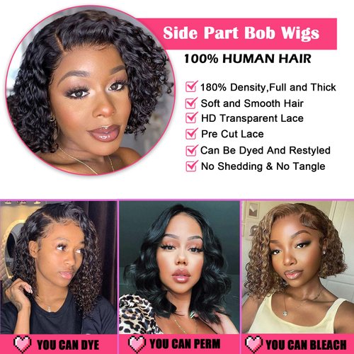 ManeMajesty Short Curly Wigs for Black Women Right Side Parting Lace Closure Wigs Human Hair Bob Deep Curly Wear and Go Glueless Wig 10A Deep Wave Wigs Natural Color 10 Inch