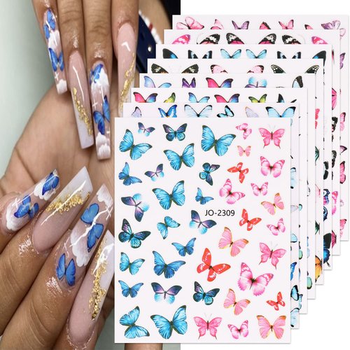 Butterfly Nail Art Stickers 3D Self Adhesive Butterfly Designs Nail Art Decals Pink Blue Colorful Butterflies Wings Designer Nail Stickers for Women Girls Nail Art Decoration 8 Sheets