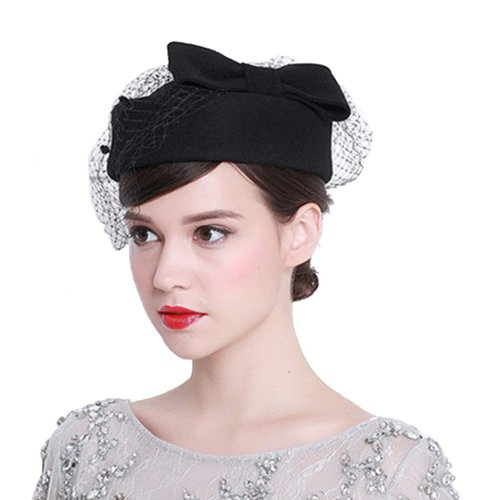 ORIDOOR Women's British Style Pillbox Church Derby Wedding Winter Vintage Fascinator Beret 100% Wool Felt Veil Hat, 01a Black, One Size