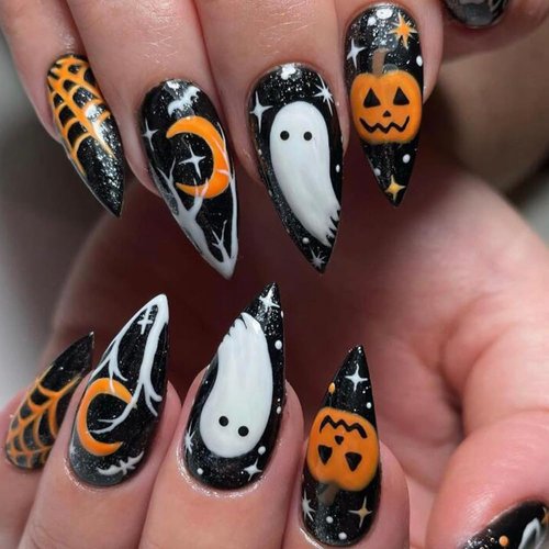 Halloween Press on Nails Almond Medium Black Fake Nails Acrylic Full Cover Orange Spider Web Pumpkin False Nails White Spooky Stars Moon Horror Designs Artificial Nails for Women and Girls 24PCS