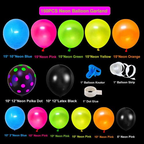 150Pcs NEON Balloon Garland Kit, Neon Glow in The Dark Balloon Arch with neon yellow, orange, pink, blue and neon polka dots Blacklight Balloons for Disco Party,Glows with Black Light Party Supplies