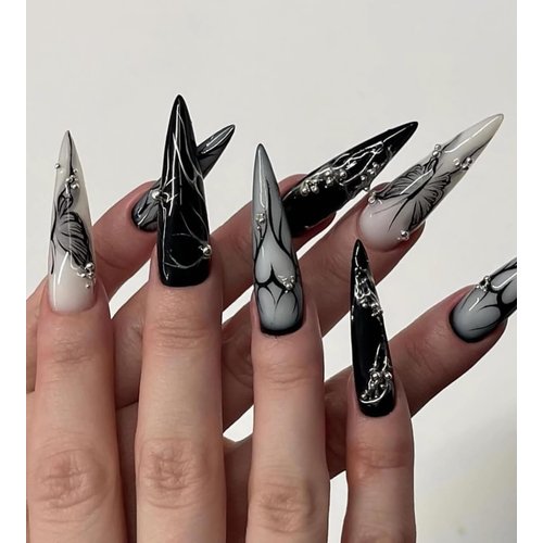 BABALAL Stiletto Press on Nails Long Fake Nails Black Punk Glue ons Nails Sliver Chrome Butterfly Heart Y2k Design Goth Acrylic Nails 24Pcs Metallic Almond False Nails