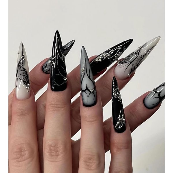 BABALAL Stiletto Press on Nails Long Fake Nails Black Punk Glue ons Nails Sliver Chrome Butterfly Heart Y2k Design Goth Acrylic Nails 24Pcs Metallic Almond False Nails