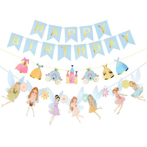 MEANT2TOBE Fairy Theme Birthday Party Decorations - Colorful Happy Birthday Banner for Girls - Blue and Gold Birthday Party Banner - Fairy Party Supplies - Fairies, Flowers, Castle and Prince Cab
