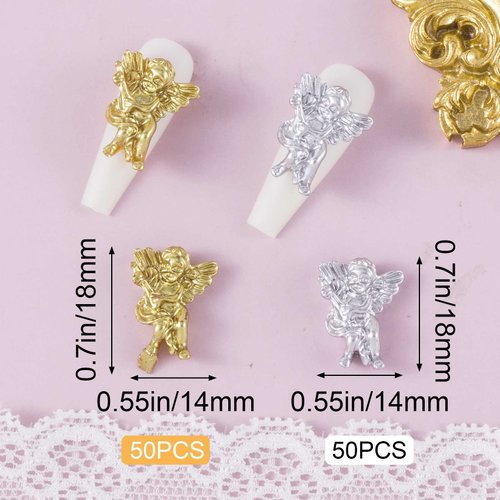 PAGOW 100PCS Retro Baroque Angel Baby Nail Charms 3D Embossed Nail Art Charms Accessories Cupid Angel Charms for Nails Decorations DIY Nail Designs Manicure Jewelry Women Nail Supplies
