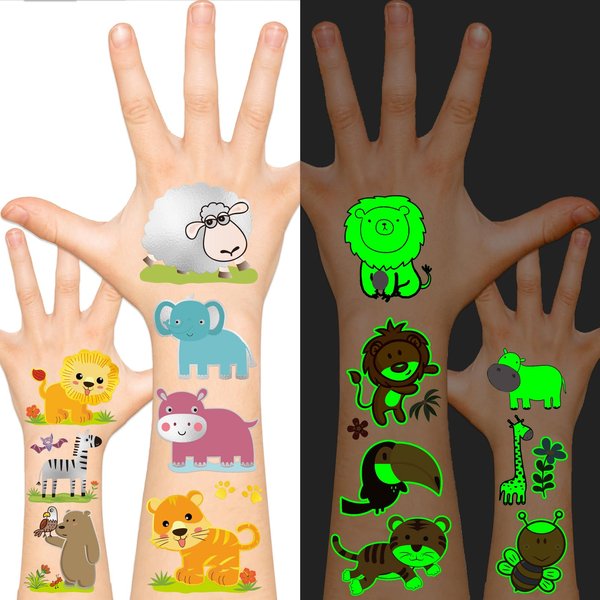 EMOME Temporary Tattoo - Glow + Metallic Glitter Style Tattoos for Kids Party Supplies, Temp Tattoos Sticker for Boys Girls, Birthday Party Favor Decorations Accessories (Animal)