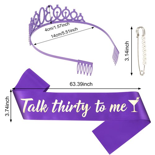 YARIEW 30th Birthday Decorations 30th Birthday Crown + 30 Talk Thirty To Me Birthday Sash + Pearl Pin Set, 30th Birthday Sash and Tiara for Women, 30th Birthday Gifts for Women