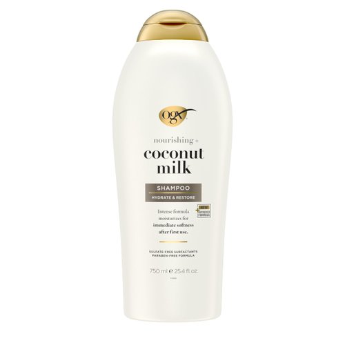 OGX Nourishing + Coconut Milk Shampoo, Hydrating & Restoring Shampoo Moisturizes for Soft Hair After the First Use, Paraben-Free, Sulfate-Free Surfactants, 25.4 fl. oz