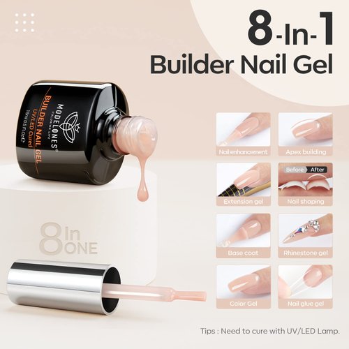 modelones 8-in-1 Builder Nail Gel, Neutral Nude Gel Builder for Nail Thickening, LED Nail Lamp Cured Hard Gel Nail Strengthener Extension Color Gel Base Rhinestone Gel Nail Glue