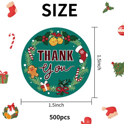 Acetiamin 500 Pcs Christmas Thank You Stickers for Small Business, 1.5 Inches Round Thank You Labels Roll, Happy Winter Holiday Stickers for Cards, Gift Boxes, Party Favors, Sealed Envelopes