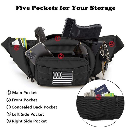 Vdones Tactical Fanny Pack Gun Holster Concealed Carry Pistol Military Tactical Waist Bag Waterproof Molle EDC Pouch with USA Flag Patch