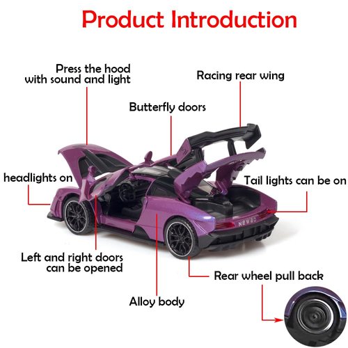 iPariser Toy Cars McLaren Senna Model Purple Alloy Collectibles Die-cast Vehicles with Sound and Light