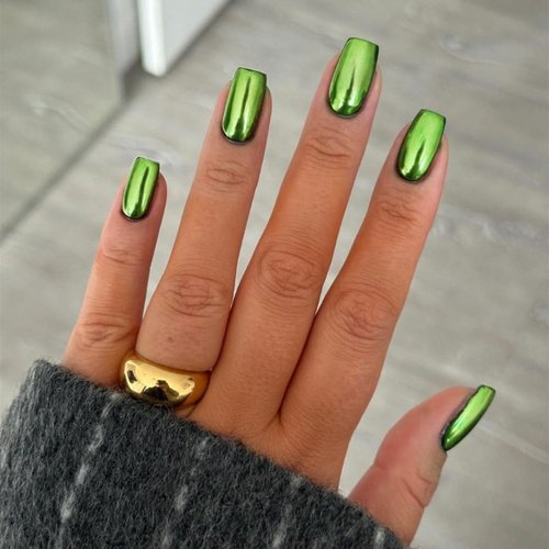 SXVME Neon Green Chrome Press on Nails Medium Square,Mirror Effect Metallic Nails Press ons,Cute Gel Glue on Nails Short Coffin,Flashy Stick on Nails for Women,Thick False Nails for Home DIY in 24 PCS