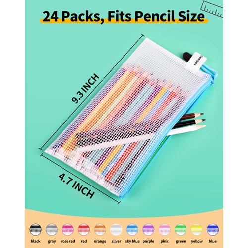 Smarpau Pencil Pouch Bulk, 24 Pack 12 Colors 9.3" x 4.7" Small Mesh Zipper Pouches Pencil Case, Multipurpose Waterproof Zipper Pencil Bags for Travel, Office Organization