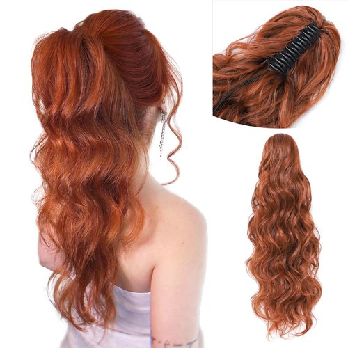 MORICA Ponytail Extension Claw 24" Long Pony Tails Copper Red Clip in Wavy Ponytail Hair Extensions Daily Party Use（24Inch，350#）