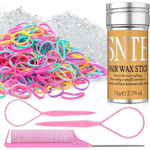 Hair Wax Stick, Elastic Hair Ties, Topsy Tail Hair Tool 6 Packs - Taming Flyaways - Rubber Bands for Hair Accessories for Teen Girls, Kids & Women