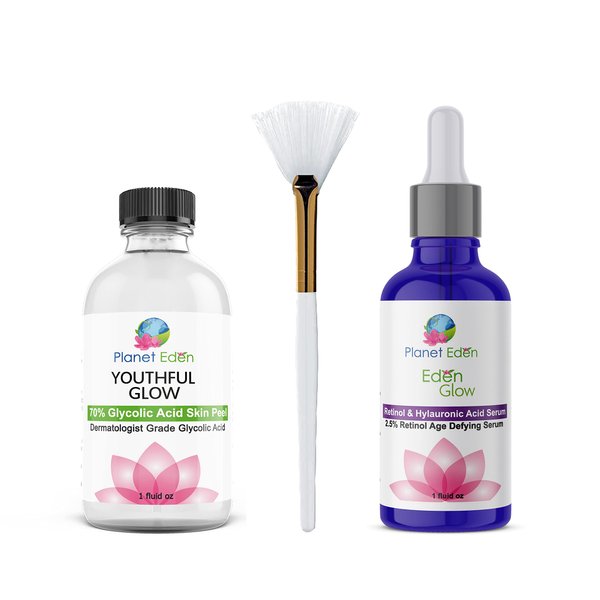 Planet Eden 70% Glycolic Acid Chemical Skin Peel Kit with Hyaluronic Acid + 2.5% Retinol Serum and Fan Brush