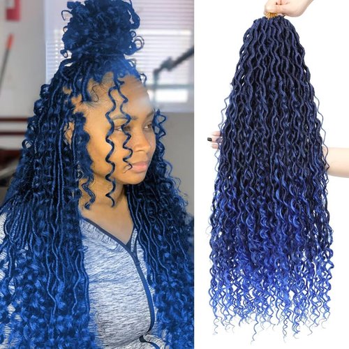 Long Goddess Locs Crochet Hair 8Packs 30inch Ombre Blue River Curls Crochet Hair Boho Faux Locs Wavy Crochet Curly Hair with Curly Ends Synthetic Hair Extensions(30" 8Packs T1B/blue#)