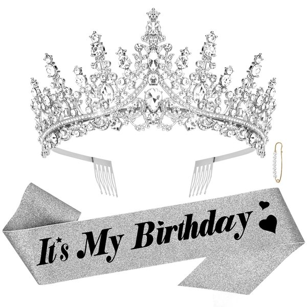 CURASA Birthday Sash and Crown Silver Birthday Sash for Women Birthday Crown Adult Women Giltter Its My Birthday Sash Birthday Tiara for Women Princess Crown Birthday Decoration Party Favors Gifts