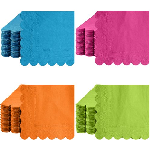 Yeaqee 100 Pcs Neon Colored Scalloped Napkins Paper Cocktail Napkins 2 Ply Bright Beverage Paper Napkins Disposable Colored Napkins for Fiesta, Birthday Parties (Assorted Color)