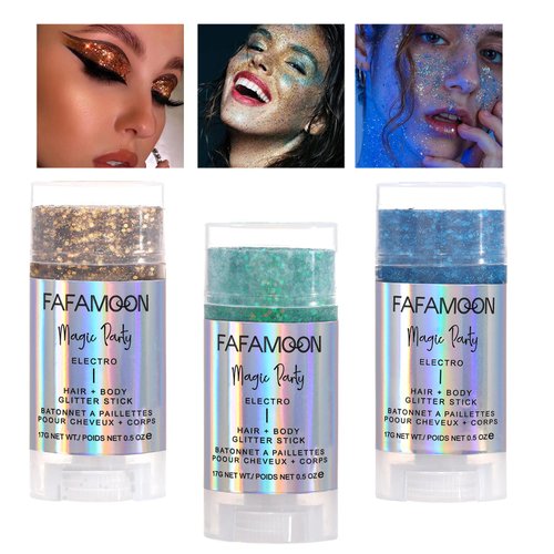 Dulele 3 PCS Body Glitter Stick, Blue/Gold/Green Body Shimmer Glitter Gel, Glitter Gel Mermaid Sequins for Face/Body/Hair, Sparkling Face Glitter Makeup(B, M)