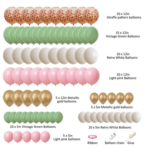 Finypa 80Pcs Jungle Safari Balloons Party Balloons set Animal Printed Pink Sage Green Balloons Wild One Giraffe Leopard Safari Baby Shower Decorations for Girl Birthday Party Supplies
