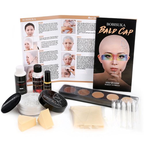 Bald Cap Halloween Makeup Kit for Men & Woman, Complete Bald Cap Costume Character Set with Instructions, Realistic Bald Cap Kits for Cosplay Make Up, SFX Makeup, Dress-Up Party, Stage, Theater & Film