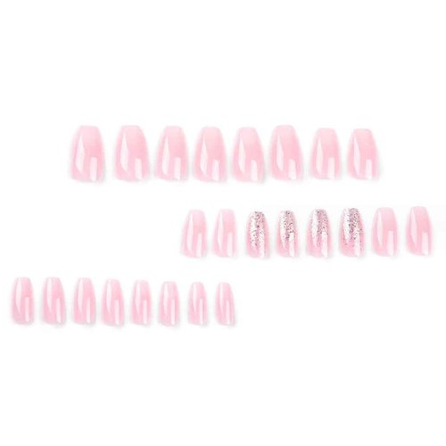 Foccna French Tip Press on Nails Medium Gradient Fake Nails Coffin Bling Glossy Pink False Nail Tips Artificial Finger Manicure for Women and Girls -24pcs