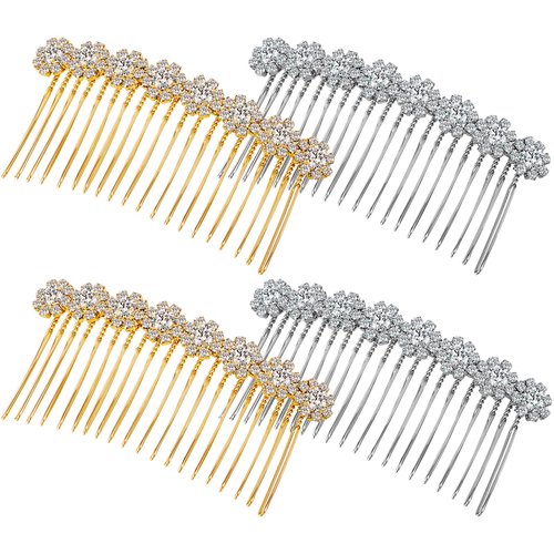 Geosar 4 Pieces Alloy Rhinestone Side Hair Combs Crystal Flower Hair Clips Wedding Hair Comb Bridal Jewelry Hair Clips Combs French Hair Accessories for Women(Silver,Gold)
