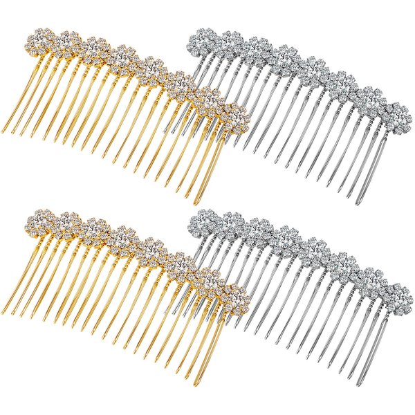 Geosar 4 Pieces Alloy Rhinestone Side Hair Combs Crystal Flower Hair Clips Wedding Hair Comb Bridal Jewelry Hair Clips Combs French Hair Accessories for Women(Silver,Gold)