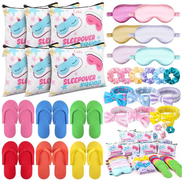 30 Pcs Sleepover Party Supplies for Girls, Spa Party Supplies Favors with 6 Spa Headband 6 Satin Eye Mask 6 Satin Hair Scrunchies 6 Makeup Bag 6 Slippers, Sleep Over Essentials Birthday Party Supplies