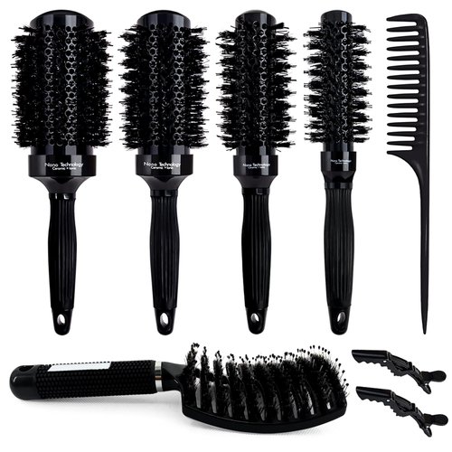 6pcs Round Brush Set for Blow Drying, Ceramic Ion Thermal Barrel Brush, 4 Different-Sized Boar Bristle Round Hair Brush and Curved Vented Brush, Round Brush Set for Straightening, Add Volume & Shine
