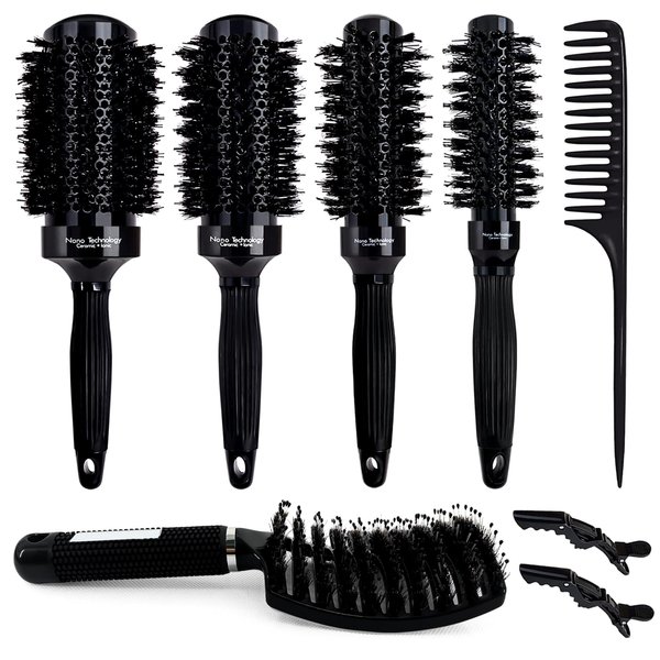 6pcs Round Brush Set for Blow Drying, Ceramic Ion Thermal Barrel Brush, 4 Different-Sized Boar Bristle Round Hair Brush and Curved Vented Brush, Round Brush Set for Straightening, Add Volume & Shine