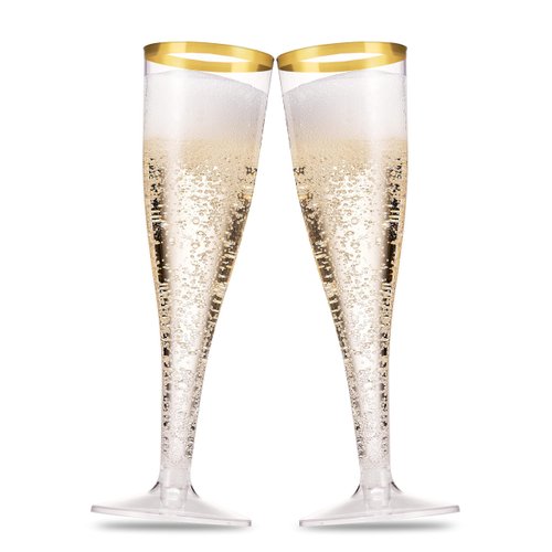 Munfix 50 Pack Gold Rimmed Plastic Champagne Flutes 5 Oz Clear Plastic Toasting Glasses Fancy Disposable Wedding Party Cocktail Cups with Gold Rim