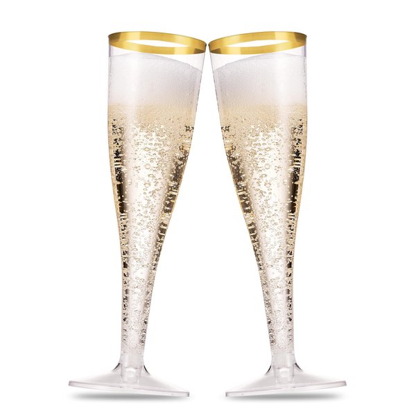 Munfix 50 Pack Gold Rimmed Plastic Champagne Flutes 5 Oz Clear Plastic Toasting Glasses Fancy Disposable Wedding Party Cocktail Cups with Gold Rim