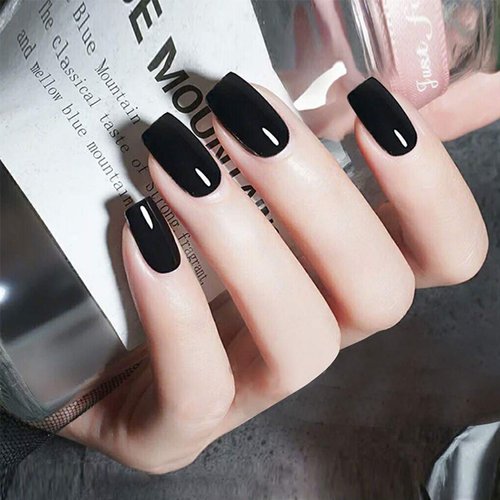 Gangel Black False Nails Square Fake Nails Medium Glossy Acrylic Full Cover Simple Press on Nails...