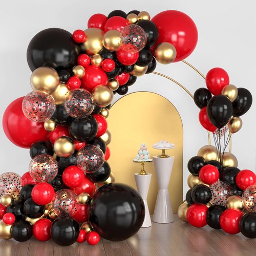 Red and Black Balloon Garland Kit, 114PCS Red Black and Gold Balloon Arch, 4 Sizes Black Red Balloons for Casino Theme Party Decorations Graduation New Year Party Wedding Birthday Decorations