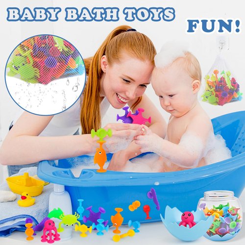 50 Pieces Suction Bath Toys for Kids Age 3+, Baby Silicone Ocean Animal Sucker Toys with Dinosaur Eggshell, Sensory Travel Window Toys for Toddlers, Stress Release Gifts for Boys Girls Ages 4-8
